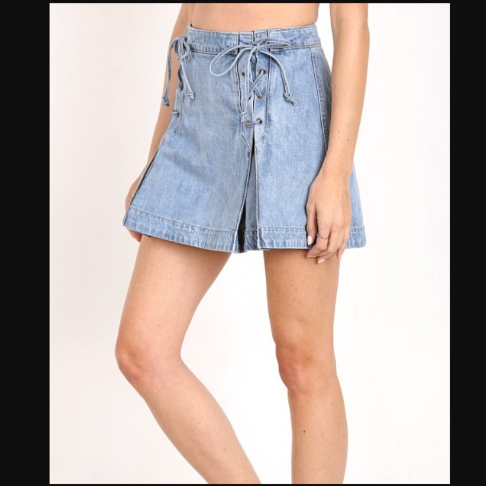 Free People Light Wash Denim Lace Up Mini Skirt (0)